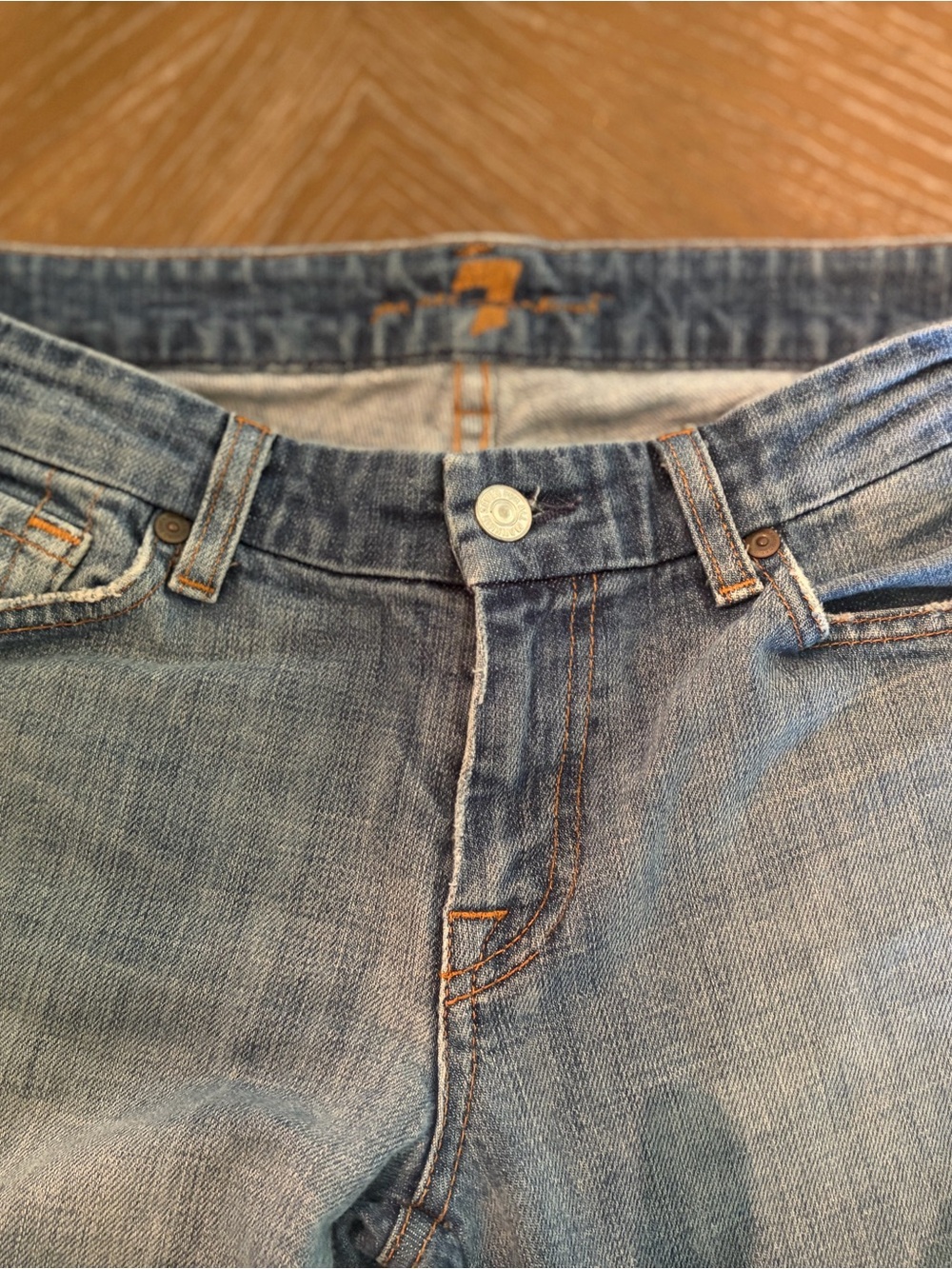7 For All Mankind High-Rise Jeans in Blue with Tan Accents